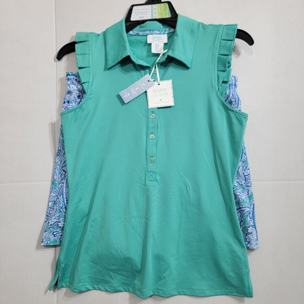 SIGRID OLSEN Tank Polo Ruffle Hem Skort Turquoise‎ Paisley XS Golf Tennis UPF 50
